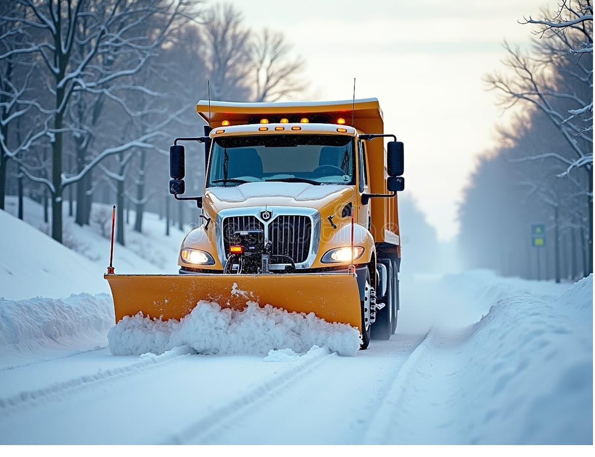 Wheel loader and skid steers with snow pushers staged in a cleared commercial lot